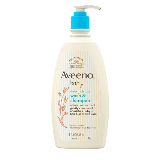 Aveeno Baby Daily Moisture Bath Body Wash & Shampoo, Liquid Soap, Oat Extract, 18 fl oz
